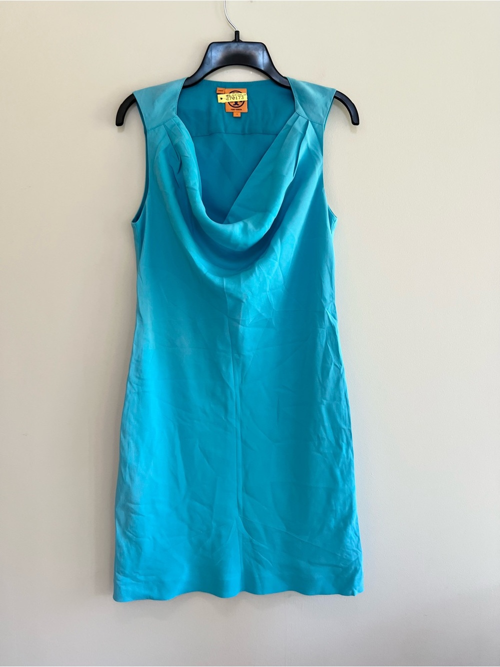 Tory Burch Silk Cowl Neck Sleeveless Turquoise Blue Lightweight Shift Dress, 4